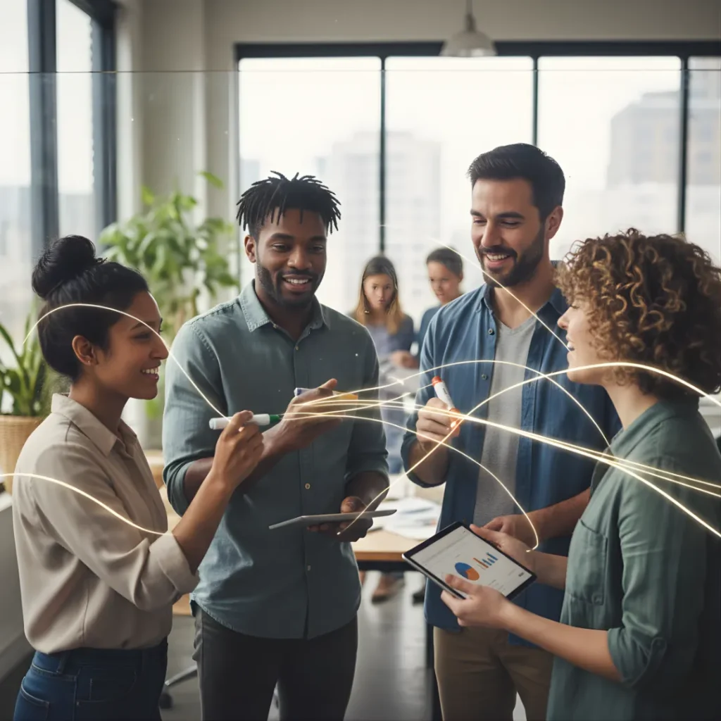 Diverse team building strategic partnerships and acquiring talent through collaborative networking.